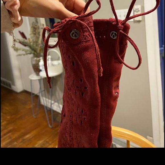 Real suede burgundy over the knee boots with lace detailing and  small heel - Picture 2 of 6